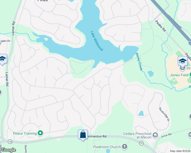 map of restaurants, bars, coffee shops, grocery stores, and more near 215 Greentree Parkway in Macon