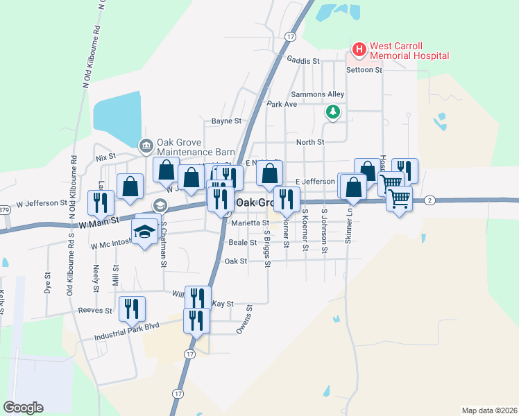 map of restaurants, bars, coffee shops, grocery stores, and more near in Oak Grove