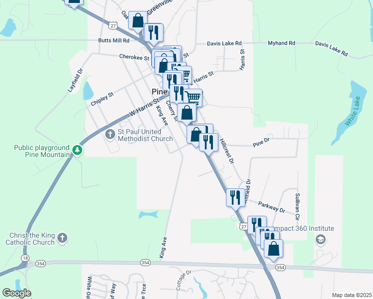 map of restaurants, bars, coffee shops, grocery stores, and more near 209 West State Street in Pine Mountain