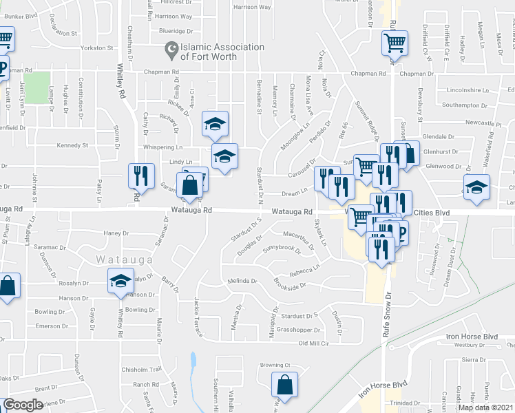 map of restaurants, bars, coffee shops, grocery stores, and more near 6301 Stardust Drive North in Watauga