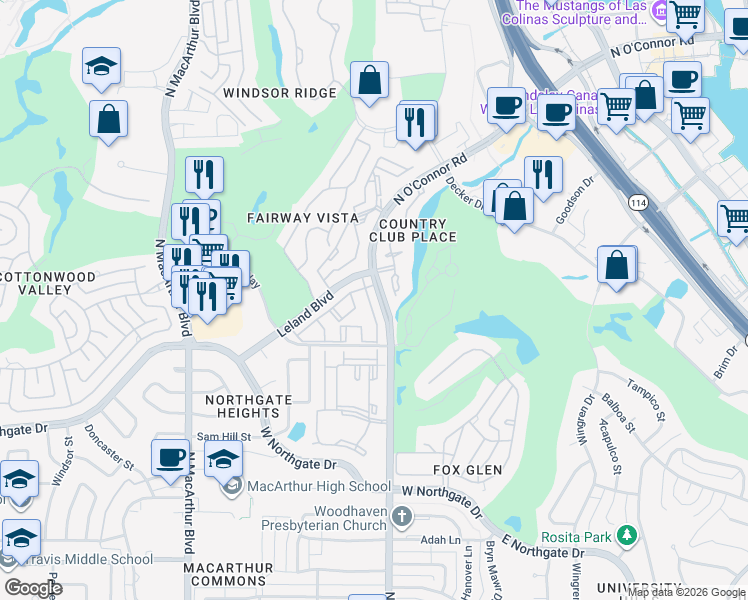 map of restaurants, bars, coffee shops, grocery stores, and more near 4509 North O'Connor Road in Irving