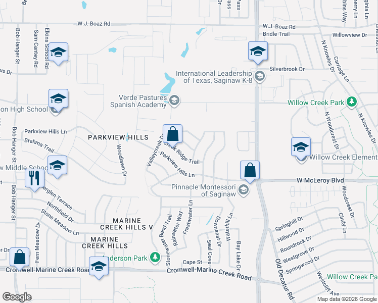 map of restaurants, bars, coffee shops, grocery stores, and more near 4905 Water Ridge Lane in Fort Worth