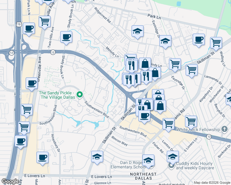 map of restaurants, bars, coffee shops, grocery stores, and more near 8749 Southwestern Boulevard in Dallas