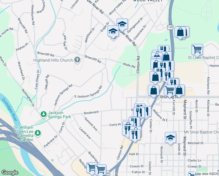 map of restaurants, bars, coffee shops, grocery stores, and more near 1182 Briarcliff Road in Macon