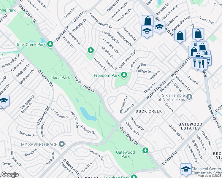 map of restaurants, bars, coffee shops, grocery stores, and more near 4227 Hartford Drive in Garland