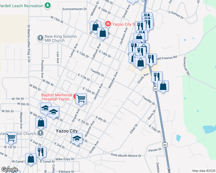 map of restaurants, bars, coffee shops, grocery stores, and more near 627 East 11th Street in Yazoo City