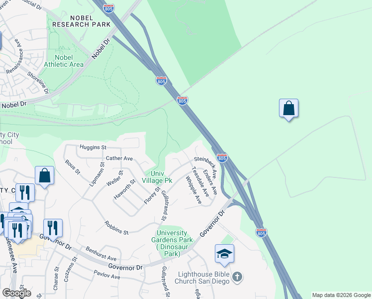map of restaurants, bars, coffee shops, grocery stores, and more near 7431 Teasdale Avenue in San Diego