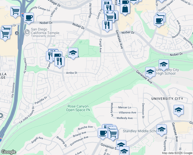 map of restaurants, bars, coffee shops, grocery stores, and more near 7789 Camino Glorita in San Diego