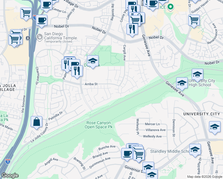 map of restaurants, bars, coffee shops, grocery stores, and more near 7854 Camino Tranquilo in San Diego