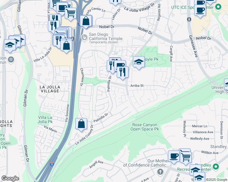 map of restaurants, bars, coffee shops, grocery stores, and more near 7487 Porte De Palmas in San Diego