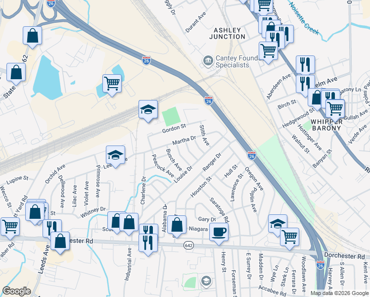 map of restaurants, bars, coffee shops, grocery stores, and more near 2712 Budds Avenue in North Charleston
