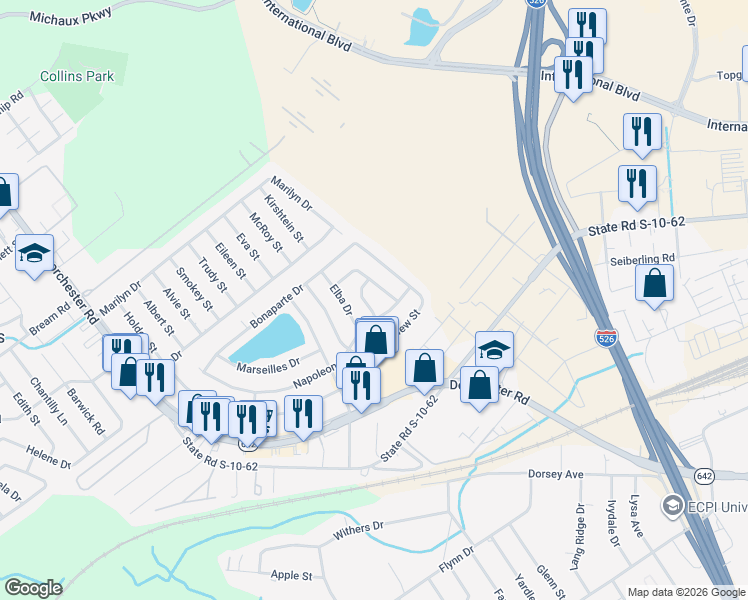 map of restaurants, bars, coffee shops, grocery stores, and more near 5104 Southside Drive in North Charleston