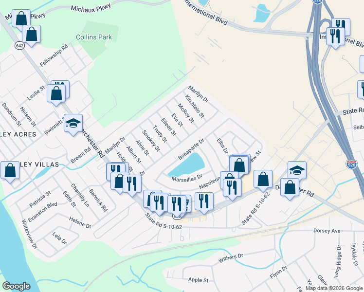 map of restaurants, bars, coffee shops, grocery stores, and more near 4120 Bonaparte Drive in North Charleston