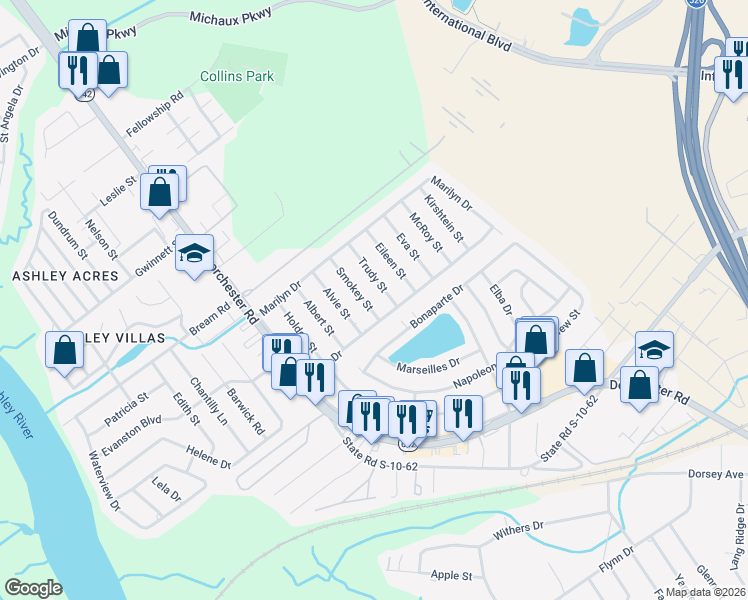 map of restaurants, bars, coffee shops, grocery stores, and more near 5305 Smokey Street in North Charleston