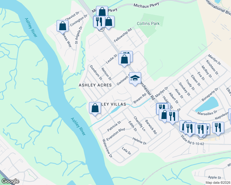 map of restaurants, bars, coffee shops, grocery stores, and more near 5582 Betty Court in North Charleston