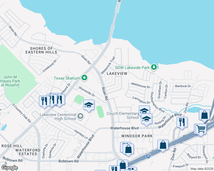 map of restaurants, bars, coffee shops, grocery stores, and more near 3401 Roan Road in Garland