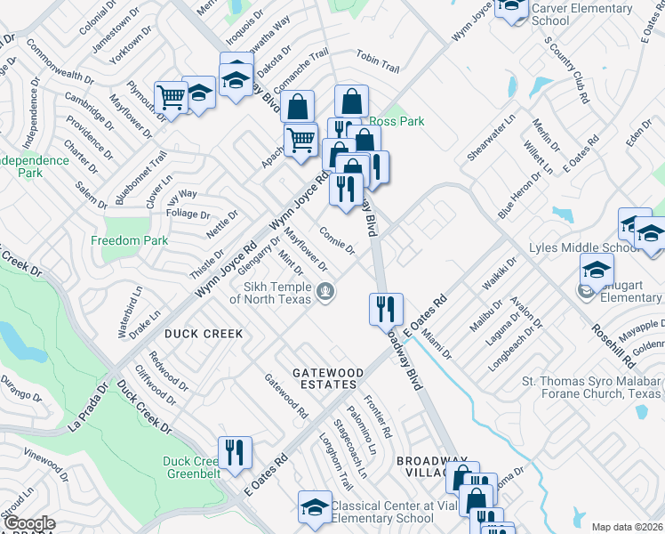 map of restaurants, bars, coffee shops, grocery stores, and more near 4417 Mayflower Drive in Garland