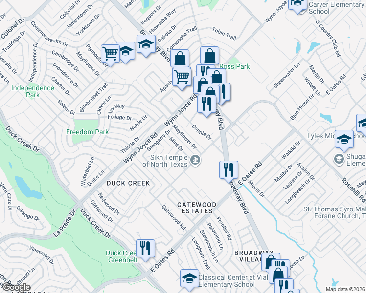 map of restaurants, bars, coffee shops, grocery stores, and more near 425 Peaceful Drive in Garland