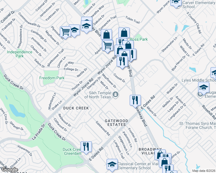 map of restaurants, bars, coffee shops, grocery stores, and more near 429 Peaceful Drive in Garland