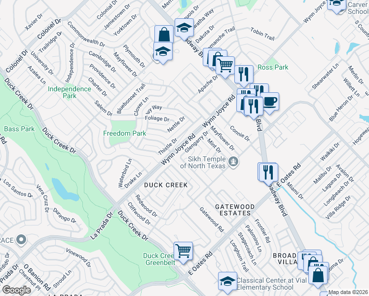 map of restaurants, bars, coffee shops, grocery stores, and more near 413 Glengarry Drive in Garland