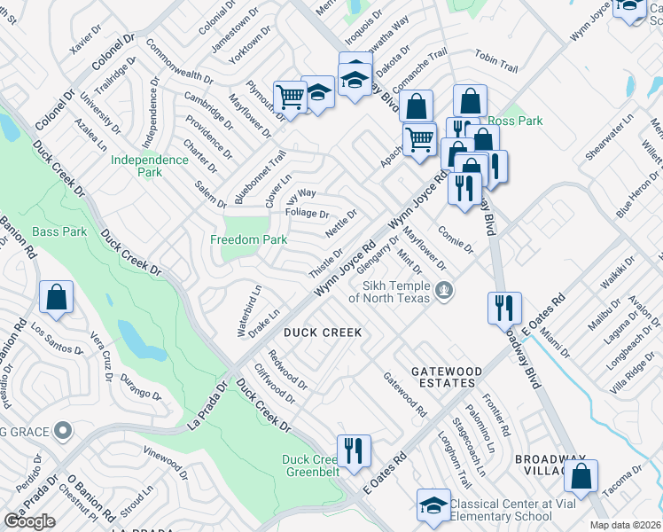 map of restaurants, bars, coffee shops, grocery stores, and more near 344 Thistle Drive in Garland