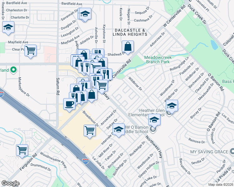 map of restaurants, bars, coffee shops, grocery stores, and more near 741 Baruna Circle in Garland