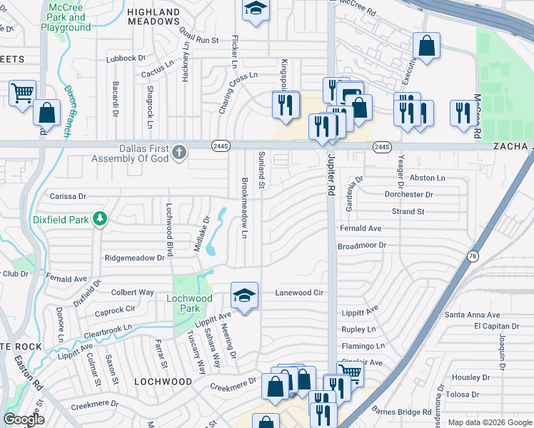 map of restaurants, bars, coffee shops, grocery stores, and more near 11211 Dalron Drive in Dallas