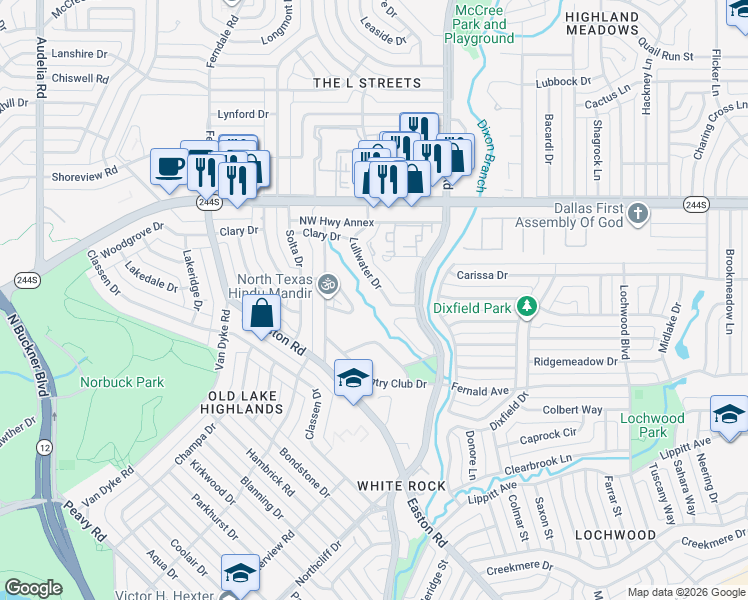 map of restaurants, bars, coffee shops, grocery stores, and more near 8303 Lullwater Drive in Dallas