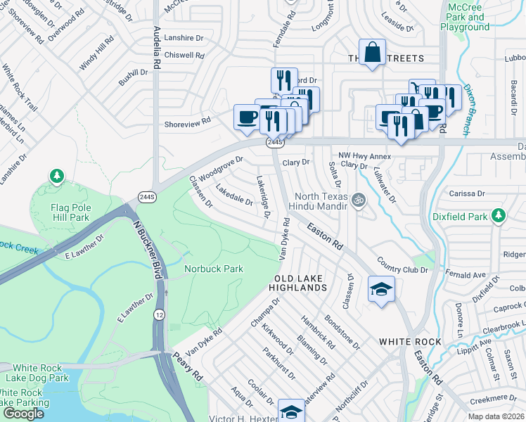 map of restaurants, bars, coffee shops, grocery stores, and more near 216 Lakeridge Drive in Dallas