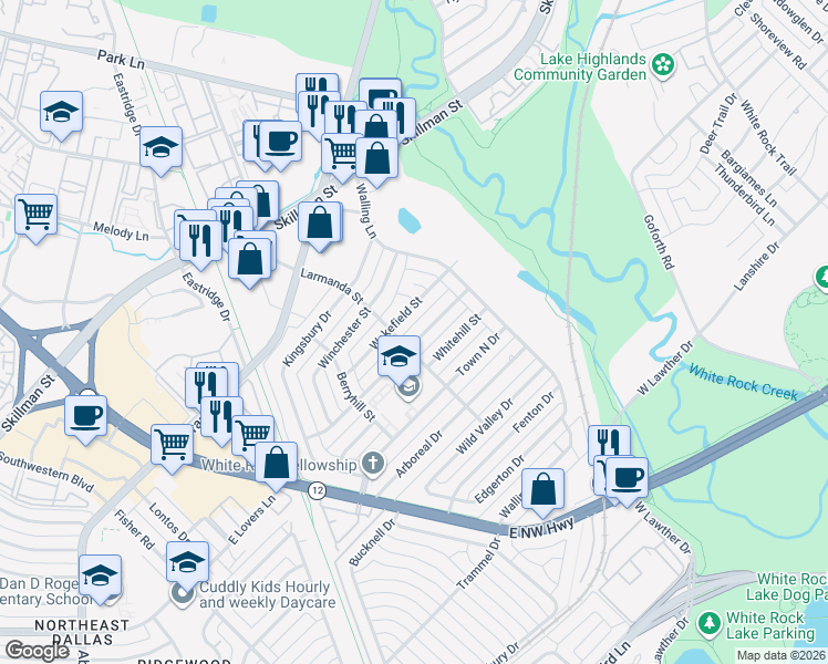 map of restaurants, bars, coffee shops, grocery stores, and more near 7018 Freemont Street in Dallas