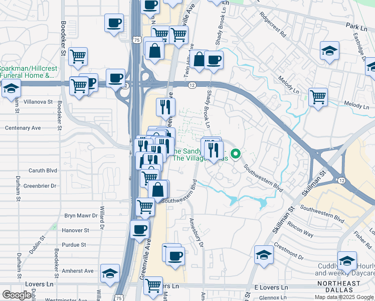 map of restaurants, bars, coffee shops, grocery stores, and more near 5732 Caruth Haven Lane in Dallas