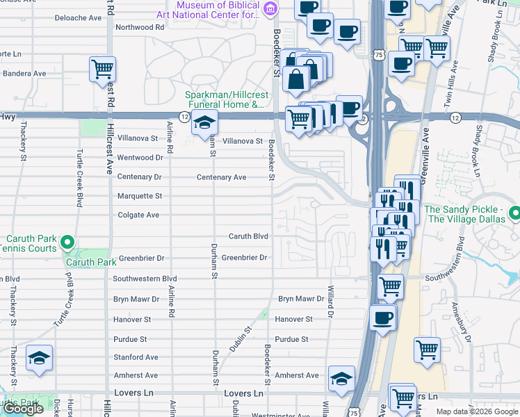 map of restaurants, bars, coffee shops, grocery stores, and more near 7543 Colgate Avenue in Dallas