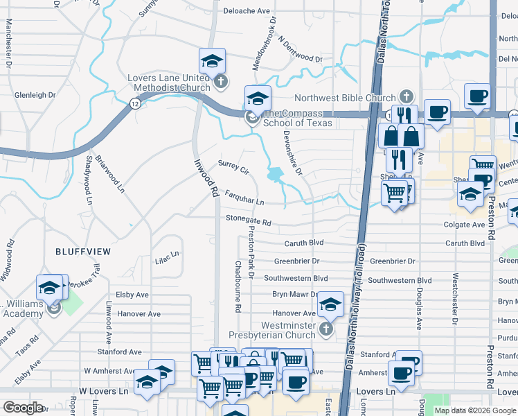 map of restaurants, bars, coffee shops, grocery stores, and more near 5511 Stonegate Road in Dallas