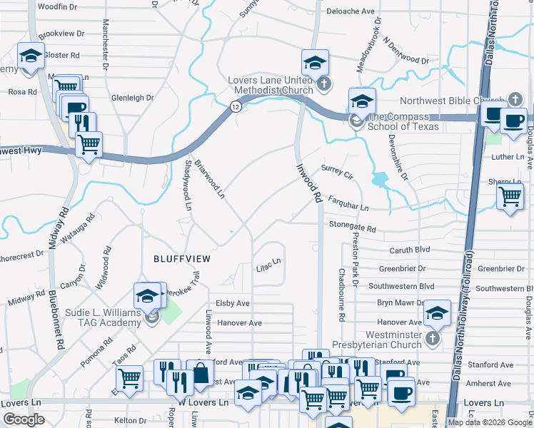map of restaurants, bars, coffee shops, grocery stores, and more near 5022 Shadywood Lane in Dallas