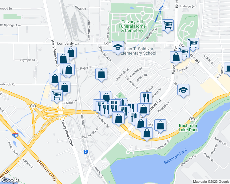 map of restaurants, bars, coffee shops, grocery stores, and more near 3001 Kendale Drive in Dallas