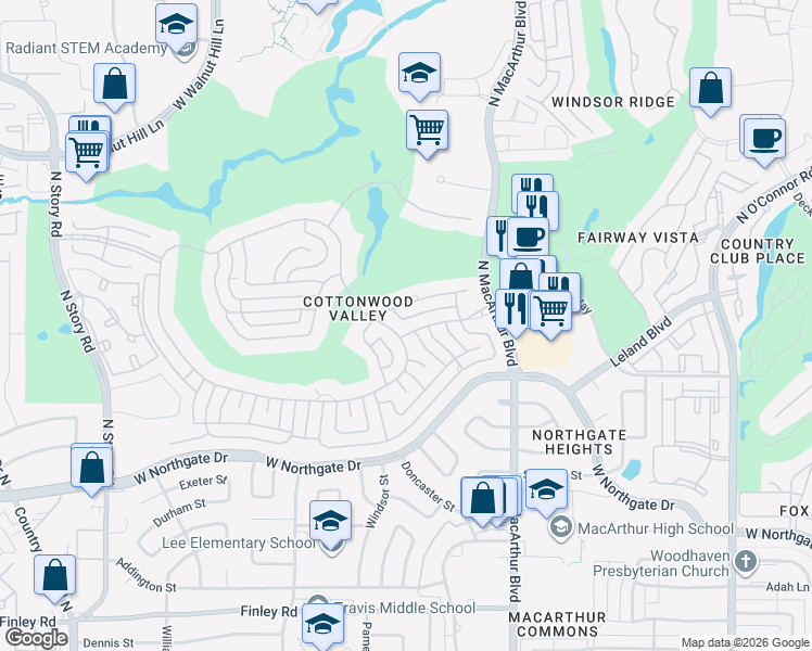 map of restaurants, bars, coffee shops, grocery stores, and more near 1221 Cottonwood Valley Drive in Irving