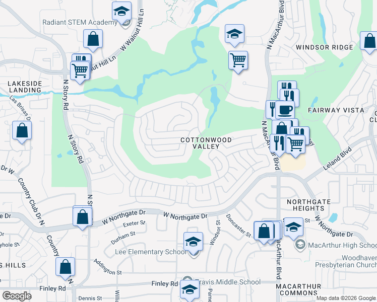 map of restaurants, bars, coffee shops, grocery stores, and more near 1411 South Travis Circle in Irving