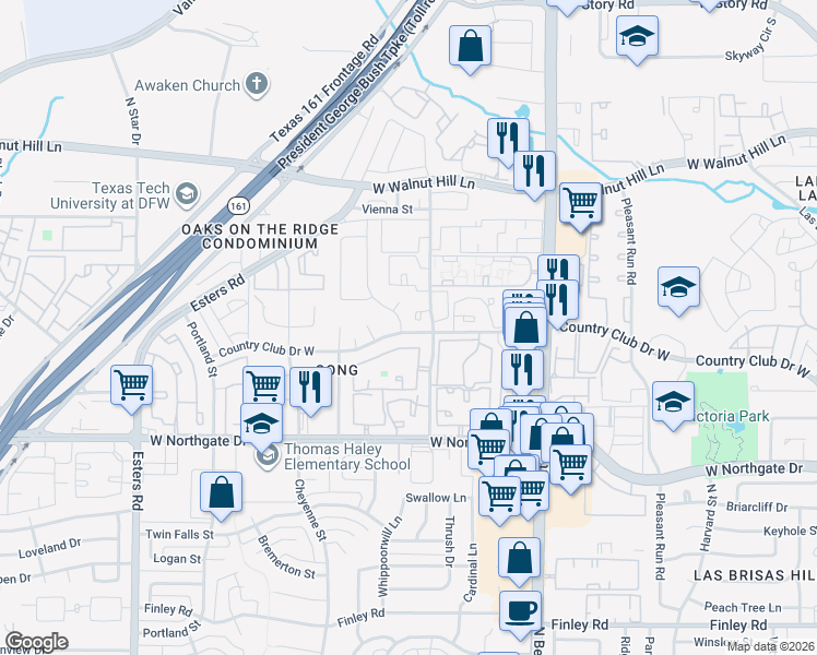 map of restaurants, bars, coffee shops, grocery stores, and more near 3636 Country Club Drive West in Irving