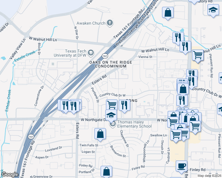 map of restaurants, bars, coffee shops, grocery stores, and more near 3921 Country Club Drive West in Irving
