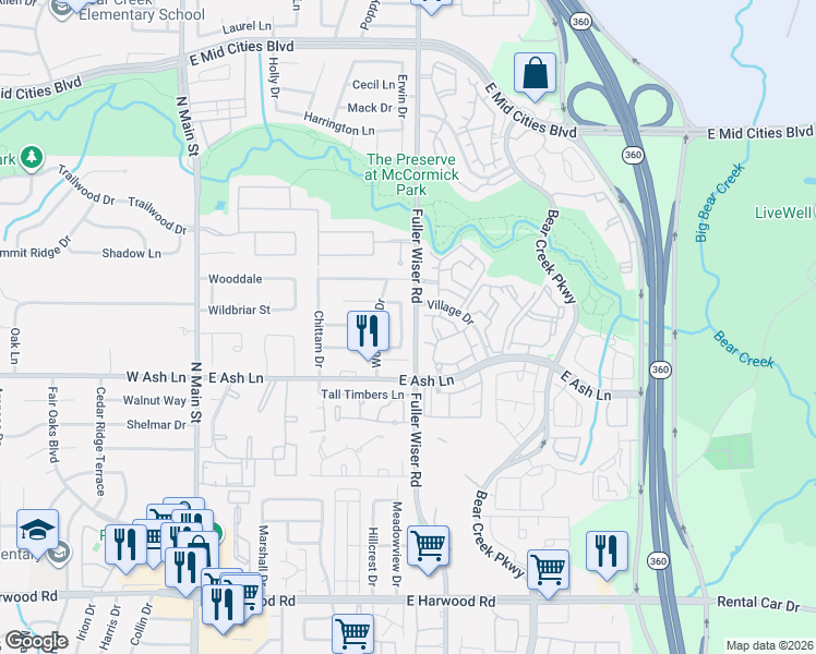 map of restaurants, bars, coffee shops, grocery stores, and more near 1704 Acorn Drive in Euless