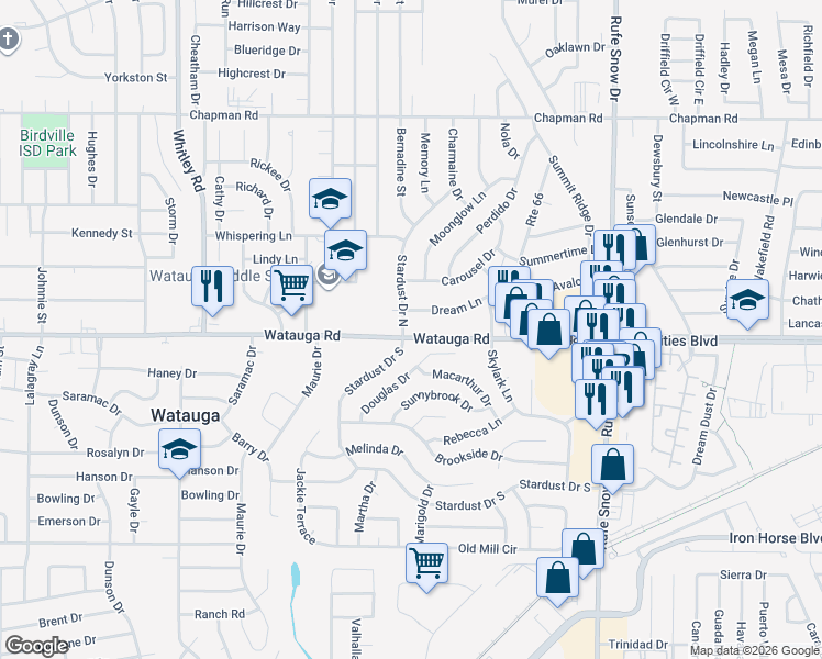 map of restaurants, bars, coffee shops, grocery stores, and more near 6301 Stardust Drive North in Watauga
