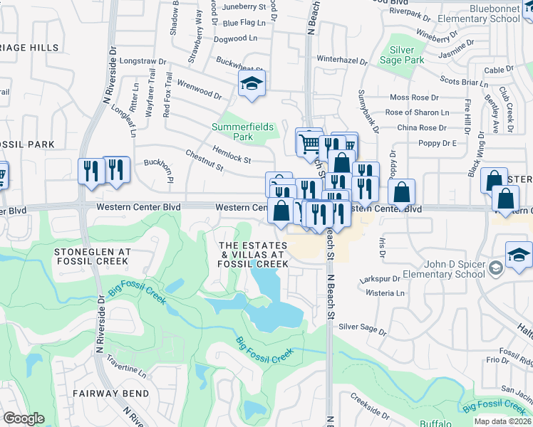 map of restaurants, bars, coffee shops, grocery stores, and more near 4229 Fairway Crossing Drive in Fort Worth