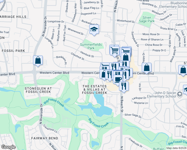map of restaurants, bars, coffee shops, grocery stores, and more near 4229 Fairway Crossing Drive in Fort Worth