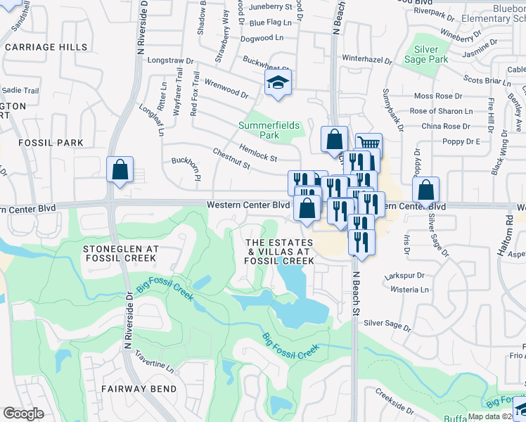map of restaurants, bars, coffee shops, grocery stores, and more near 4205 Fairway Crossing Drive in Fort Worth