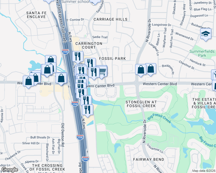 map of restaurants, bars, coffee shops, grocery stores, and more near 3400 Western Center Boulevard in Fort Worth