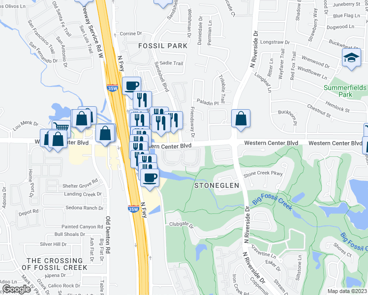 map of restaurants, bars, coffee shops, grocery stores, and more near 3400 Western Center Boulevard in Fort Worth