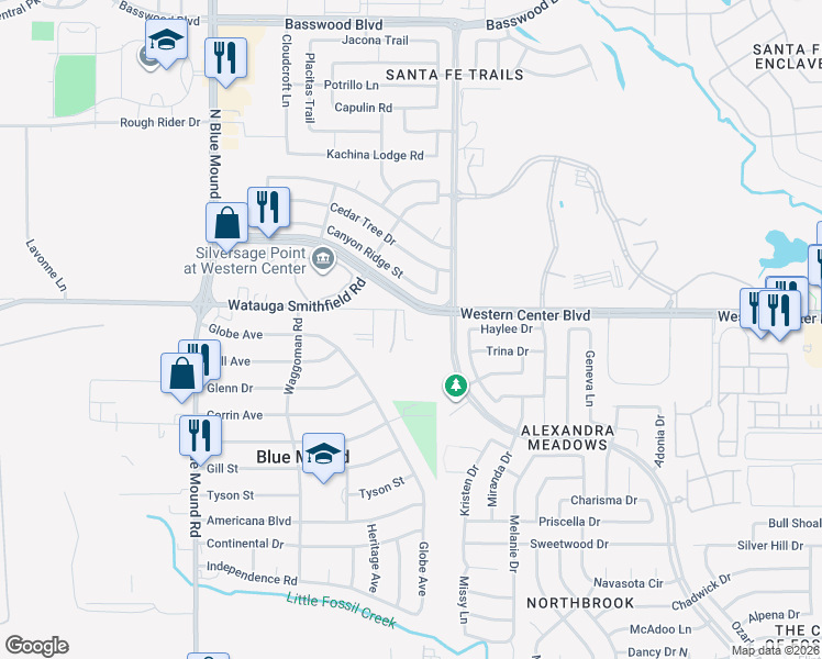 map of restaurants, bars, coffee shops, grocery stores, and more near 1942 Watauga Smithfield Road in Blue Mound