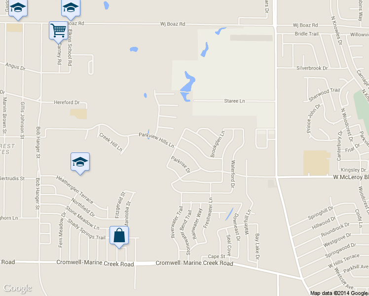 map of restaurants, bars, coffee shops, grocery stores, and more near 4932 Parkview Hills Lane in Fort Worth