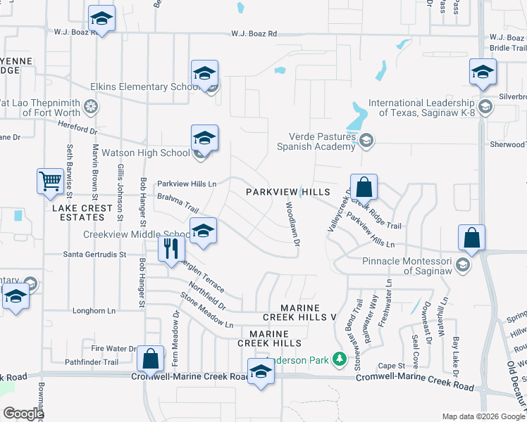 map of restaurants, bars, coffee shops, grocery stores, and more near 5340 Creek Hill Lane in Fort Worth