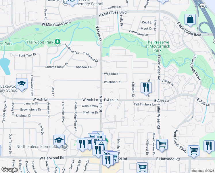 map of restaurants, bars, coffee shops, grocery stores, and more near 203 Edinborough Drive in Euless